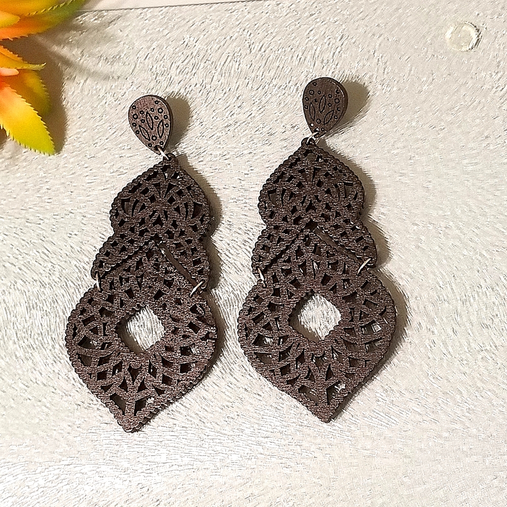 Black Wooden Intricate Boho Design 3 Layered Drop Earrings